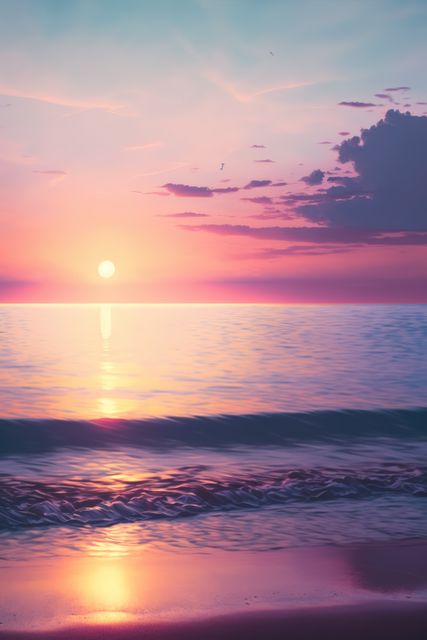 Soft pastel colors dominate this serene sunset over a calm ocean, with waves gently lapping against a sandy beach. Ideal for use in travel agency websites, relaxation themes, wallpapers, meditation apps, and inspirational content focused on tranquility and peace.