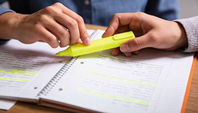 Highlighting study notes with yellow highlighter, hands collaborating closeup