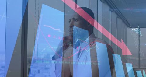 Businessman Analyzing Data Trends with Digital Interface Overlay