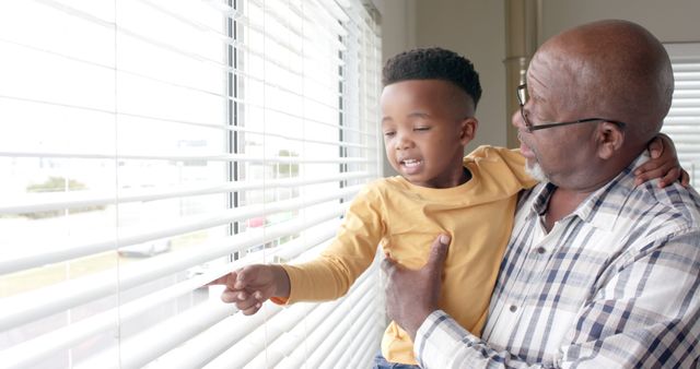 African american grandfather and grandson embracing and looking out window at home. Lifestyle, childhood, free time, family, togetherness and domestic life, unaltered.