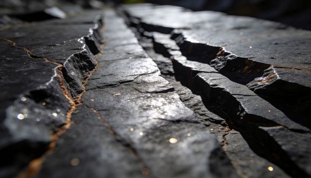 Dark bedrock splitting into deep linear fissures with golden mineral flecks macro texture