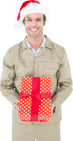 Transparent Delivery Man in Santa Hat Presenting Gift Box