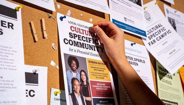 Hand pinning colorful community event flyer to cork noticeboard with layered posters