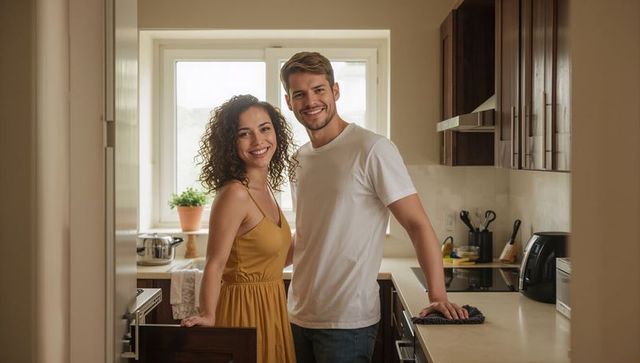 Smiling young couple standing in sunlit compact galley kitchen, cozy domestic lifestyle scene
