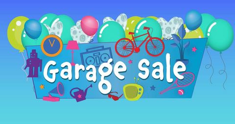 Garage sale announcement with household items and balloons