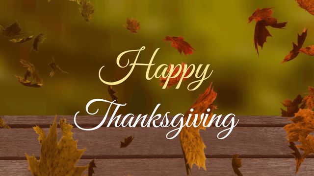 Festive content with animated autumn leaves and Happy Thanksgiving text conveys essence of the holiday. Enhances seasonal greetings on cards or social media, effectively capturing warmth and gratitude.