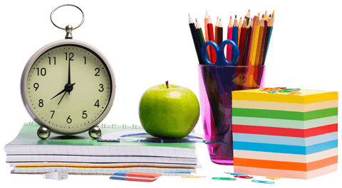 Transparent school supplies desk stationery and books assortment