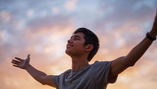 Smiling asian young man raising arms, gazing at pastel sunset sky, golden hour portrait