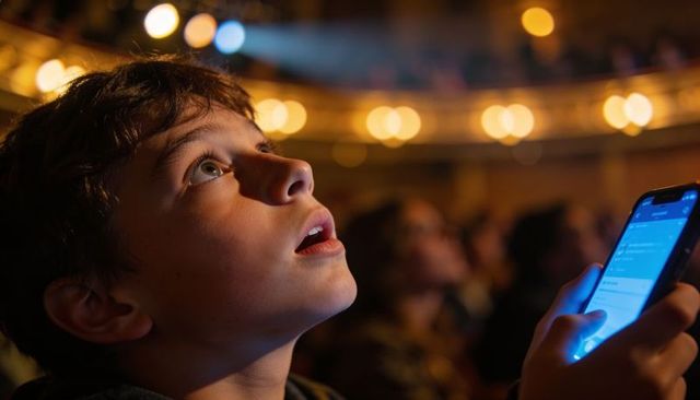 Young boy watching chandelier lights in theater balcony while holding glowing smartphone