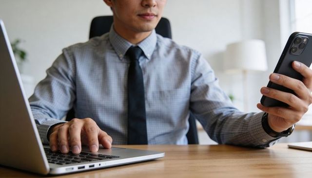 Businessman holding smartphone and typing on laptop at desk multitasking office professional