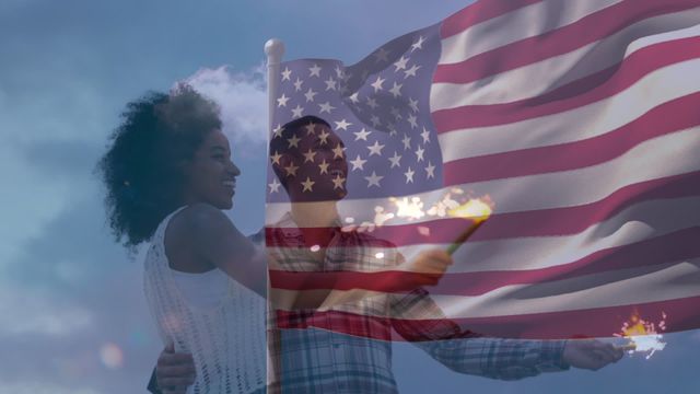 Friends are on a beach celebrating with an overlay of a waving American flag symbolizing national pride and unity. This imagery suggests themes of friendship and patriotism, making it ideal for media relating to national holidays, multicultural gatherings, or patriotic campaigns.