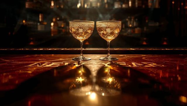 Sparkling cut-crystal coupe glasses catching warm golden light on bar displaying NEW YEAR