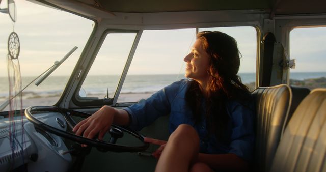 Young Woman Enjoying Sunlight in Vintage Camper by Ocean - Download Free Stock Images Pikwizard.com