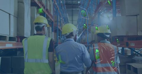 Warehouse Team Walking Aisle Wearing AR Helmets and Vests Conducting Smart Inventory Checks