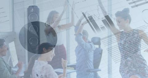 Dynamic business team celebrating success with data visualization