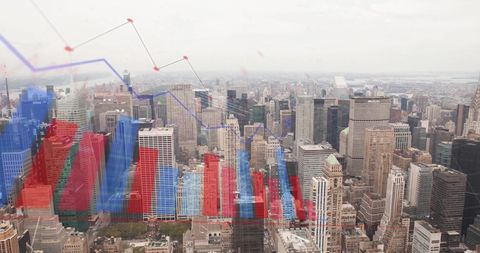 Digital Financial Graph Over Cityscape Representing Market Trends