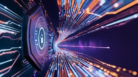 Cybersecurity Concept with Virtual Shield and Data Streams