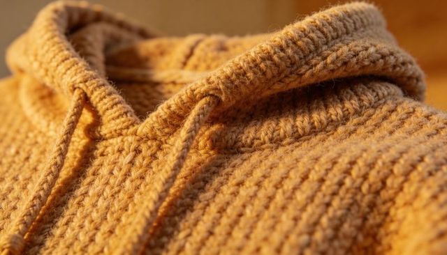 Mustard chunky knit hooded sweater closeup showing braided drawcords and textured yarn