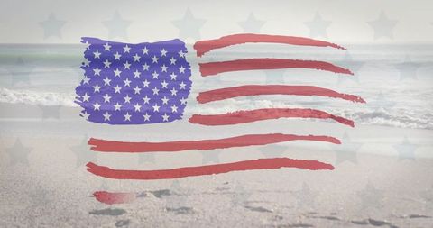 Painterly american flag overlay on sandy beach shoreline with faint stars and footprints