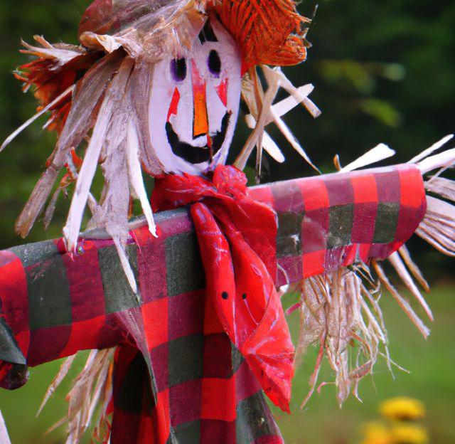 Colorful scarecrow stands in a garden with a checkered shirt, straw hat, and cheerful face. Suitable for use in materials related to gardening, countryside life, autumn decorations, and fall festivals. Ideal for promotional content, seasonal greeting cards, and educational posters on harvest topics.