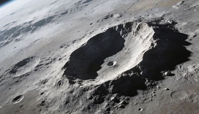 Oblique lunar impact crater with terraced rim and central peak casting deep shadows