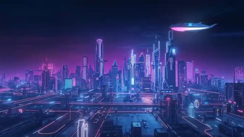 Futuristic Neon Whale Gliding Above Cyberpunk Skyline