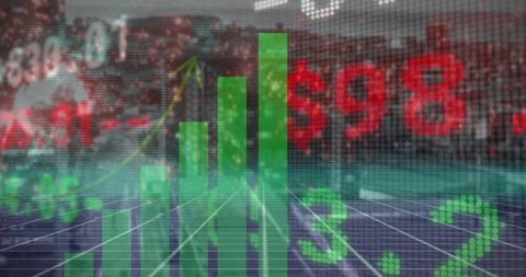 Rising green bar chart on electronic trading board