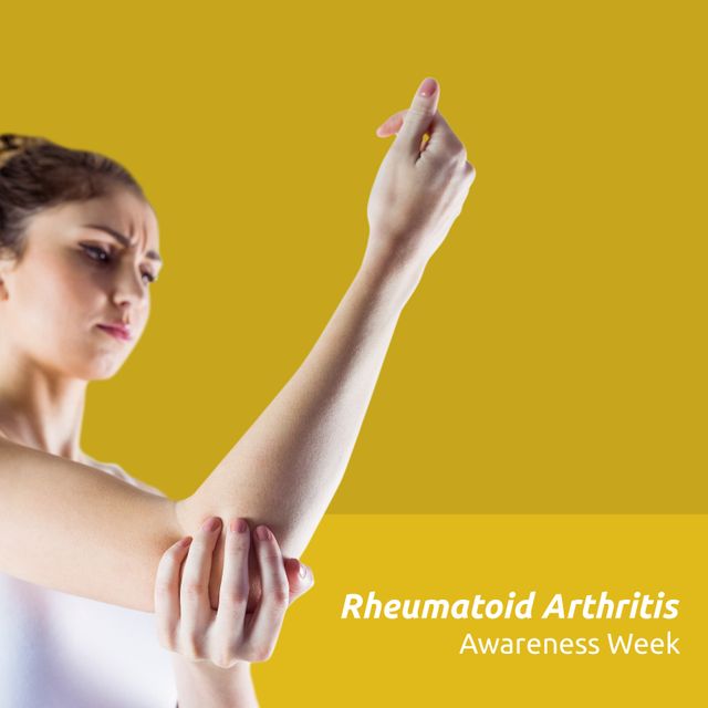 Composite of caucasian woman with elbow pain and rheumatoid arthritis awareness week text. Copy space, yellow background, disease, joints, autoimmune, healthcare, awareness and prevention concept.