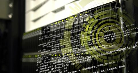 Digital data processing with futuristic cyber interface on server