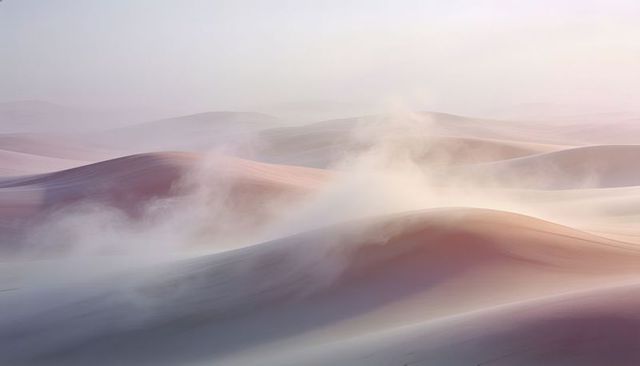 Pastel desert dunes drifting in soft morning haze, ethereal light highlighting rippled sand
