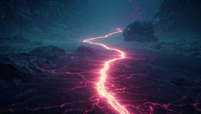 Neon-pink molten fissure in mystical volcanic landscape