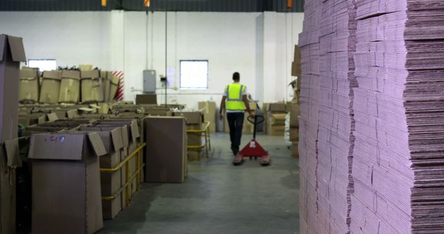 Warehouse worker moving pallets with hand cart in industrial setting. Large stacks of cardboard boxes and storage materials fill the space. Ideal for use in logistics, shipping, inventory management, and industrial work content. Can be used to illustrate themes of manual labor, warehouse operations, shipping industry, and logistical workflows.