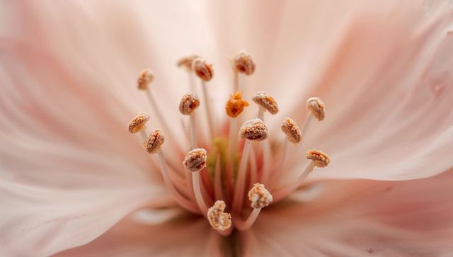 Macro blossom showing stamen cluster and pollen on anthers with soft pink petal bokeh