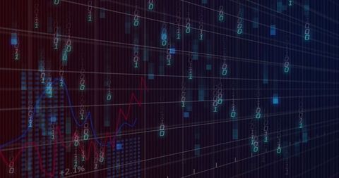 Displaying digital dashboard with falling binary code, glowing analytics charts and grid
