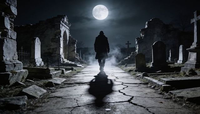 Walking silhouette through moonlit cemetery ruins under full moon on misty cracked pathway
