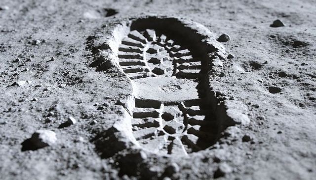 Moon boot footprint leaving deep tread imprint on lunar regolith with stark shadows