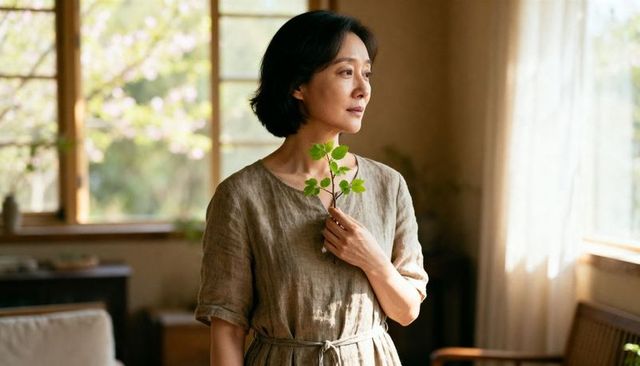 Tranquil asian woman by window holding green sprig in linen dress, sunlit minimalist home