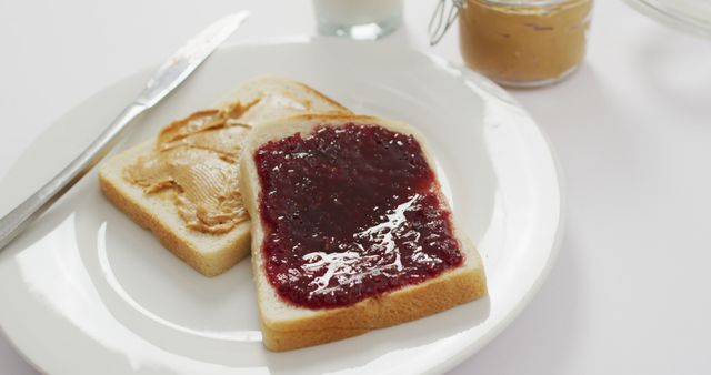 Close up view of peanut butter and jelly sandwich in a plate on white surface. food and nutrition concept