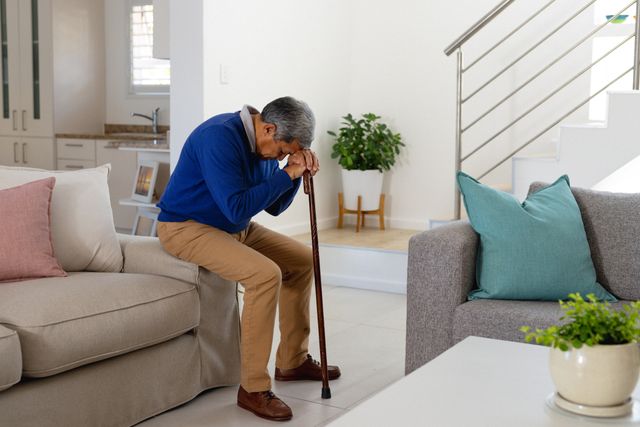 Senior man sitting on couch in living room, leaning on walking stick. Ideal for topics on retirement, senior lifestyle, elderly care, and domestic life. Can be used in articles, blogs, and advertisements related to health, inclusivity, and support for the elderly.
