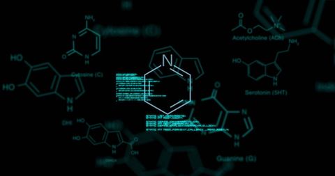 digital code and molecule structures on black background - Download Free Stock Images Pikwizard.com