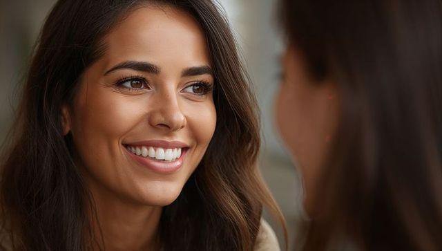 Smiling woman engaging in intimate close-up conversation showing warm natural expression