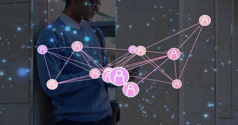 Professional leaning on lobby column holding smartphone with pink network overlay and nodes