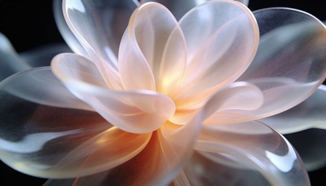 Luminous translucent petal sculpture radiating amber core, macro closeup floral abstract