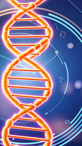 Rotating glowing DNA double helix revealing futuristic biotech data visual vertical video