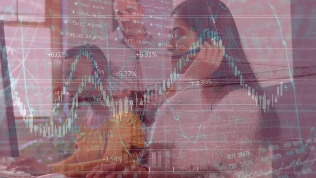 Overlay of young call center professionals with stock market charts suggests context of trading, financial analysis or business insightful calls. Suitable for concepts about finance, teamwork in trading environments, and integration of digital data in communication workflows.