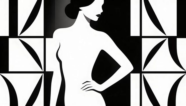 Monochrome fashion silhouette posing with geometric tile leaf pattern