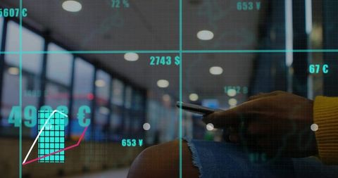 Woman holding smartphone on transit bench with financial data overlay and currency charts