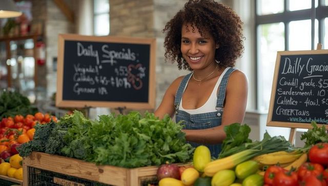 Smiling Woman Arranging Fresh Produce at Farmers Market