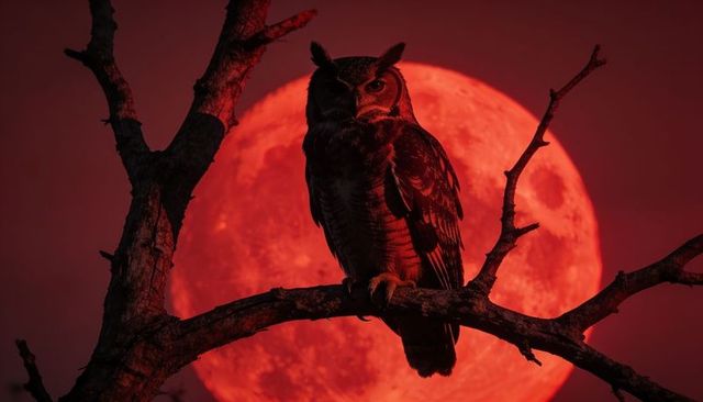 Perching horned owl framing blood moon over gnarled trees in crimson night