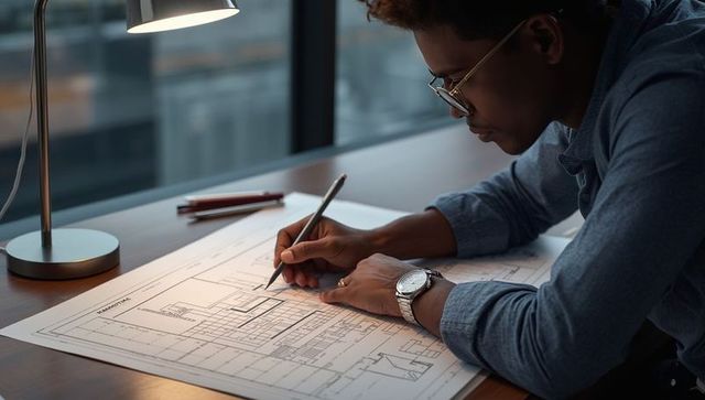 Architect creating blueprint in modern high-rise office